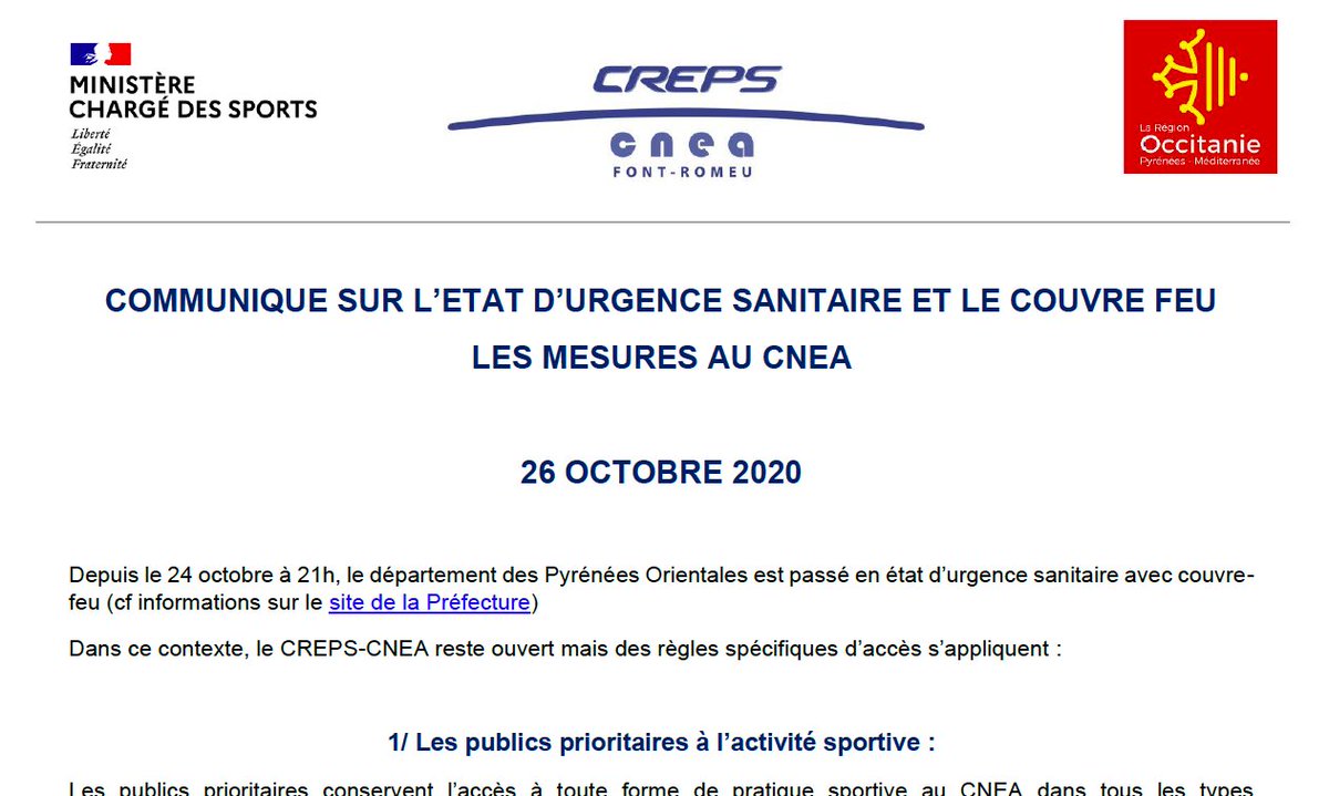 ATTENTION : COMMUNIQUE SUR L’ETAT D’URGENCE SANITAIRE ET LE COUVRE FEU, DE NOUVELLES MESURES AU CNEA (26/10) - Consultez ces nouvelles mesures sur notre site web.