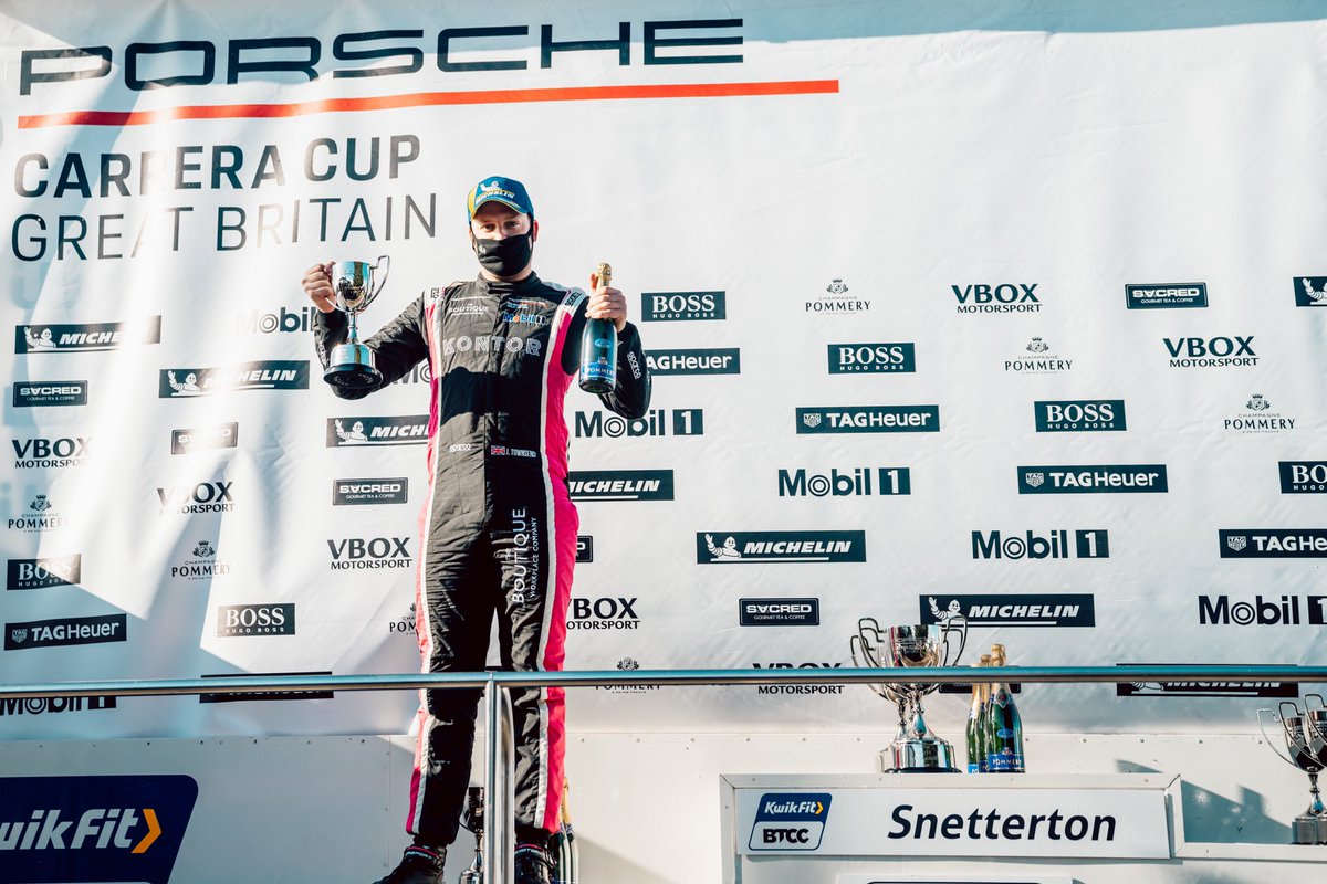 TownsendRacing's tweet photo. Collecting my second podium in @Porsche Carrera Cup GB with P3 in the Am class in the first race @SnettertonMSV this weekend. Tricky conditions on a damp and greasy track but pleased with the result 🏆 https://t.co/dkEJhNX71R
