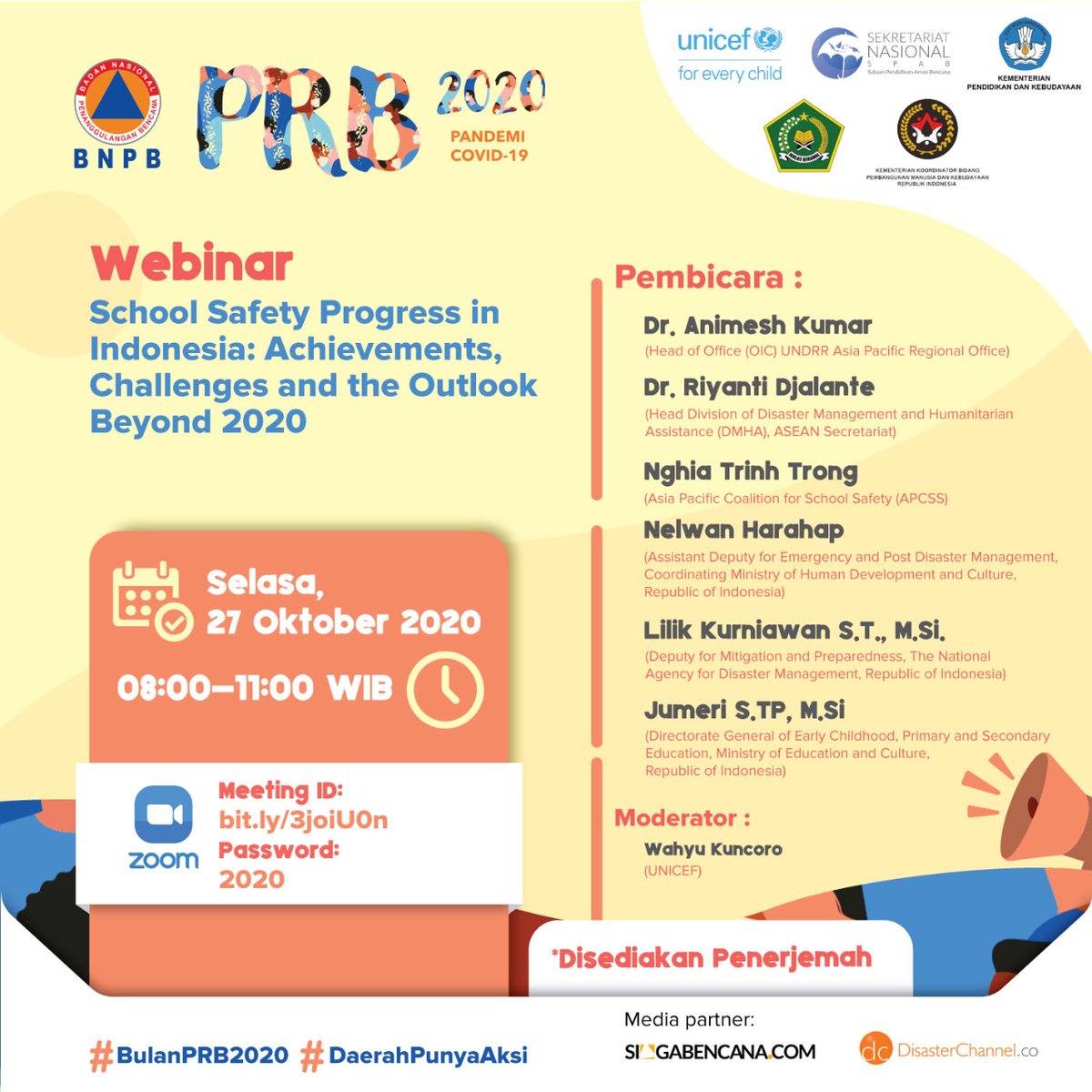 UNDRR_AsiaPac's tweet photo. Bookmark this link to join a webinar tomorrow by @BNPB_Indonesia and @UNICEFIndonesia:

School Safety Progress in Indonesia 🇮🇩: Achievements, Challenges and Outlook Beyond 2020 

Keynote remarks by @animesh00 

27 Oct @ 8 AM BKK

https://t.co/BHFG2HqHpX
Pass: 2020

#BulanPRB2020 https://t.co/PTYa7Ayge5