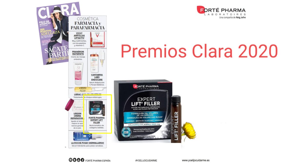 ReigJofre's tweet photo. El último producto lanzado por @FortepharmaESP, el nutricosmético Expert Lift’ Filler, está nominado al mejor producto cosmético de venta en #farmacia o parafarmacia en los #premiosclara al #consumointeligente de la revista @revistaclara. Vota aquí: https://t.co/dnbiO5TTdH https://t.co/JrWvWkSnu8