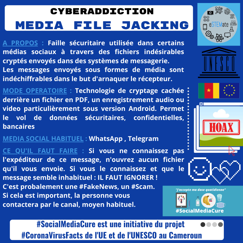 eSTEMatedu's tweet photo. Avez-vous reçu un fichier ce matin? Attention, il peut s'agir d'un #MediaFileJacking!
In case of doubt: DO NOT open any files they send you. It's probably a #MediaFileJacking,#FakeNews or #Scam.
#Day56
#SocialMediaCure
#CoronaVirusFacts
#Milclicks
#Cameroon #Cameroun
#TT237 https://t.co/kzpesmDpM4