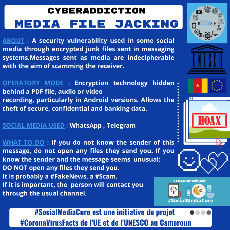 eSTEMatedu's tweet photo. Avez-vous reçu un fichier ce matin? Attention, il peut s'agir d'un #MediaFileJacking!
In case of doubt: DO NOT open any files they send you. It's probably a #MediaFileJacking,#FakeNews or #Scam.
#Day56
#SocialMediaCure
#CoronaVirusFacts
#Milclicks
#Cameroon #Cameroun
#TT237 https://t.co/kzpesmDpM4