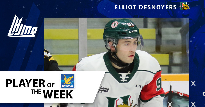 QMJHL's tweet photo. .@HFXMooseheads forward and @NHLFlyers prospect @ElliotDesnoyers has been named #UltramarPlayer of the Week after enjoying the best game of his career over the weekend! 🔥 

Details | https://t.co/H0EB3RPtUg