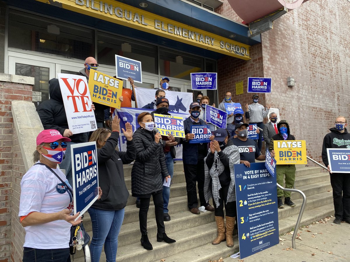 IATSELocal8's tweet photo. Proud to stand with our Latino sisters, brothers, and kin yesterday at Julia de Burgos Elementary and Hunting Park to get out the vote for Joe Biden! #VoteTodayInPA #bidenharris2020 https://t.co/mAS9ednezS