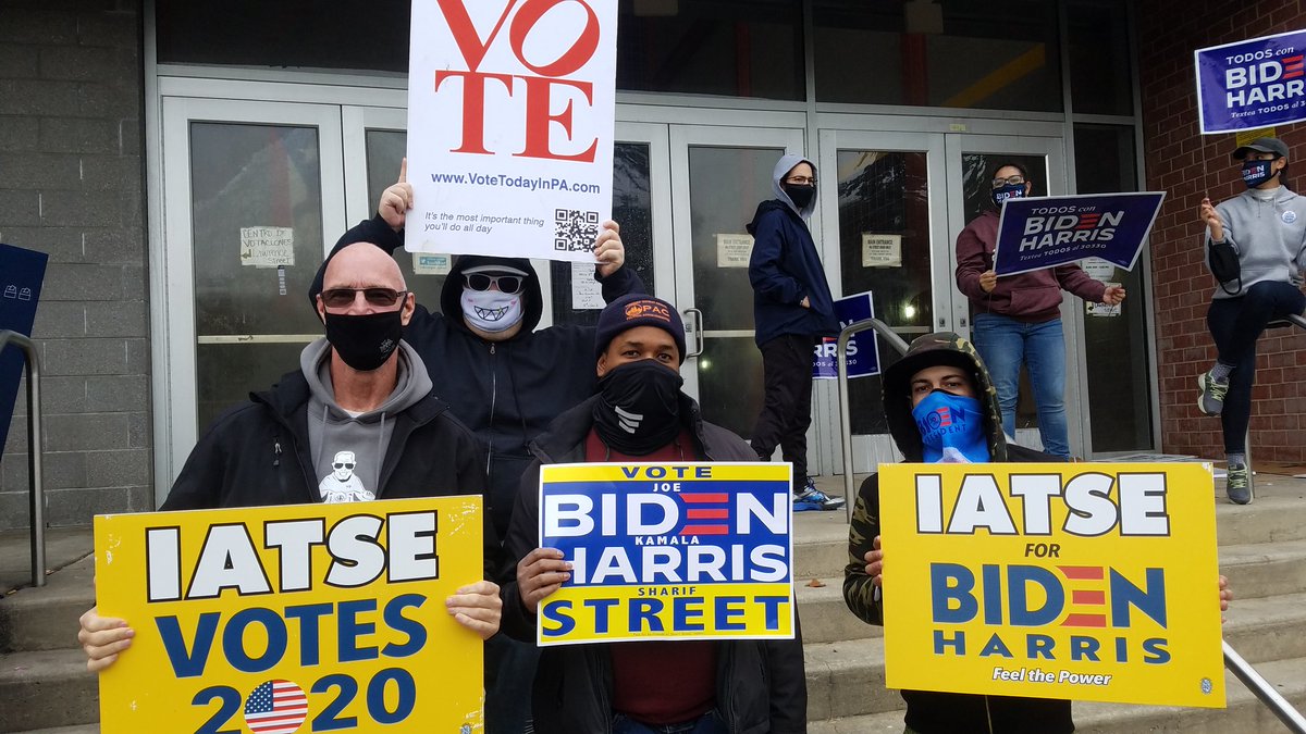 IATSELocal8's tweet photo. Proud to stand with our Latino sisters, brothers, and kin yesterday at Julia de Burgos Elementary and Hunting Park to get out the vote for Joe Biden! #VoteTodayInPA #bidenharris2020 https://t.co/mAS9ednezS