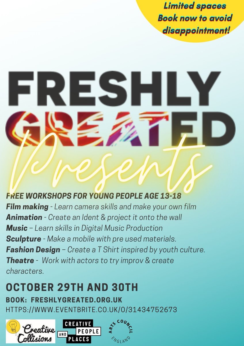 FREE creative workshops for teenagers! Freshly Greated Presents a programme of workshops produced with teenagers &amp; delivered by artists on Oct 29th &amp; 30th. Workshops are Covid19 safe but spaces are limited! To book follow the link to our Eventbrite page eventbrite.co.uk/o/31434752673