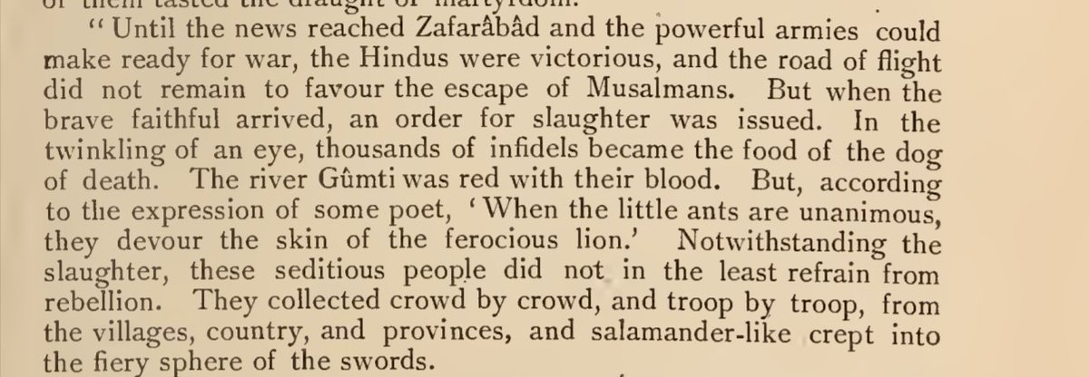 "But fresh Mμslim troops arrived from Jaunpur Capital Zafarabad.An order for slaughter was issued.Thousands of Hindu infidels became food to the d0gs of dεathThe river Gomati ran red with Hindu blood.Yet, Hindus did not refrain from fighting"- Tarikh I Jaunpur