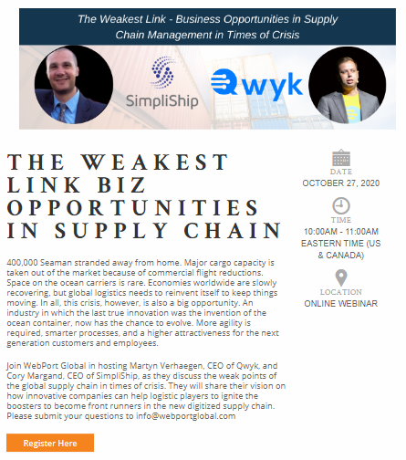 WTCA's tweet photo. Join a webinar "The Weakest Link: #BusinessOpps in Supply Chain" to discuss the weak points of the #globalsupplychain in times of crisis. Hosted by @webport_global (#WTCBoston), the webinar will be held Tues, Oct. 27 @ 10:00 EDT. Visit https://t.co/2uArkRkxho. #GlobalTrade https://t.co/cAlGyQW7NH