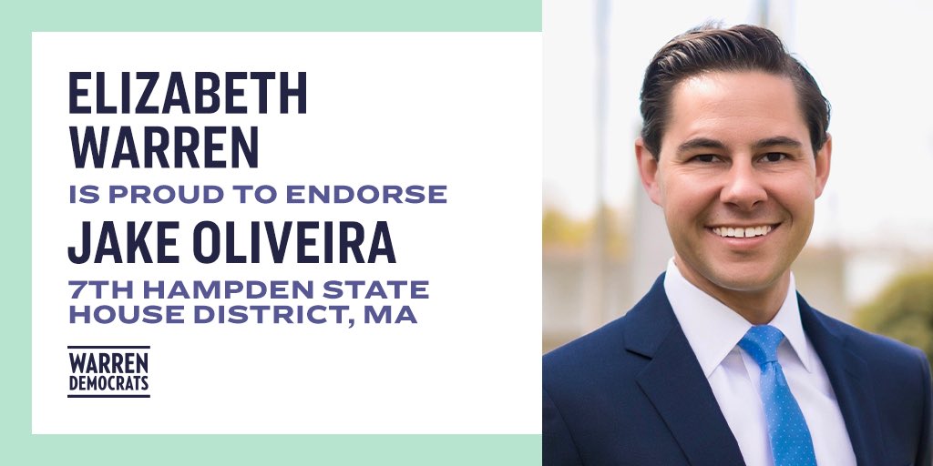 JakeForSenate's tweet photo. Thank you Senator @ewarren for the endorsement. Strong partnerships with our congressional delegation are important to help the residents of Western Mass #Jake4Rep https://t.co/nWi6ZtuCtH
