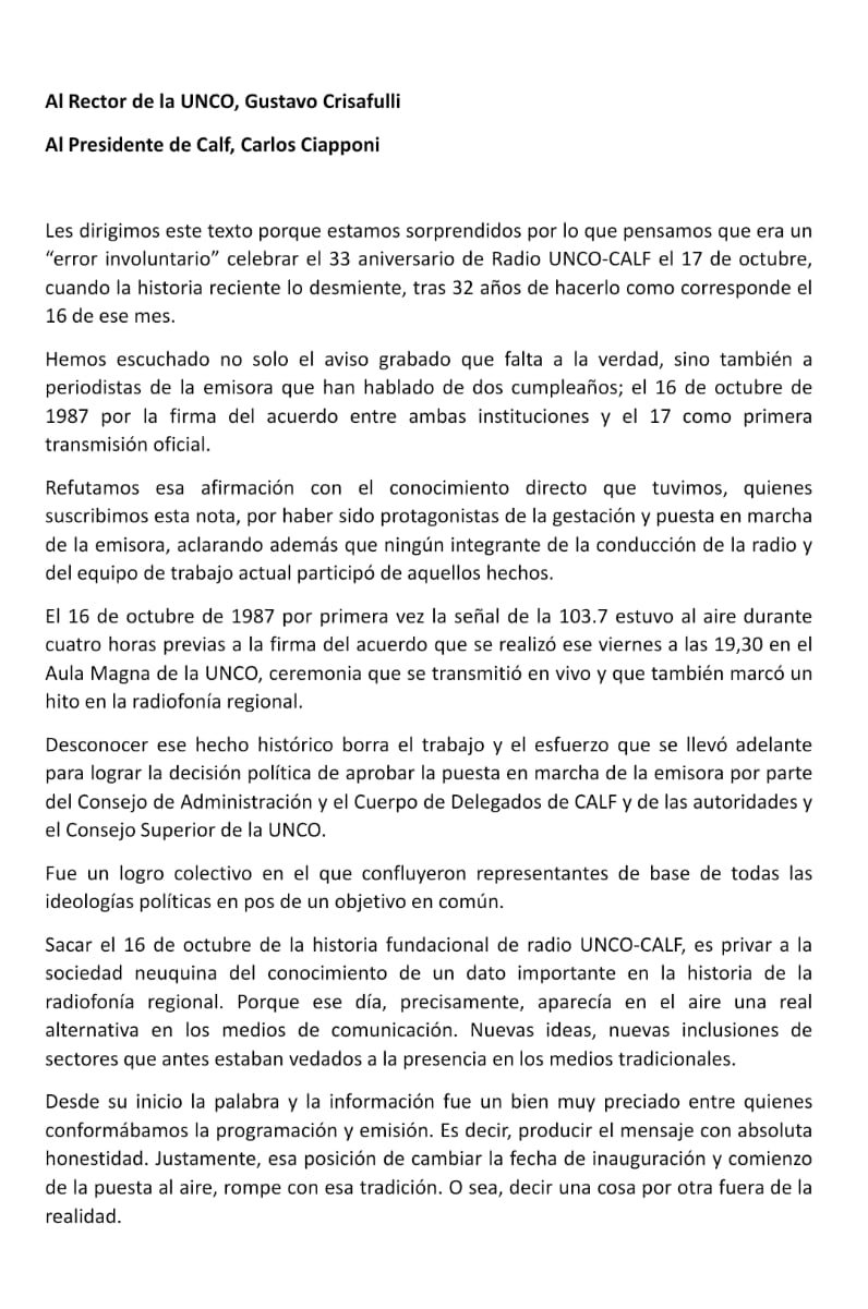 eduardo marchetti on Twitter: "Hoy remitimos esta nota a las autoridades de  la Universidad Nacional del Comahue y de la Cooperativa Calf, con el fin de  corregir datos erróneos de la creación