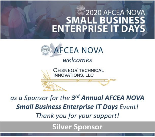 AFCEANOVA's tweet photo. Welcome Chenega Technical Innovations, LLC! Thank you for sponsoring the 3rd Annual AFCEA NOVA Small Business Enterprise IT Days Virtual Event - October 27-29, 2020.

Check out the 3-day agenda and register today: https://t.co/joOvcSl8jm

#afceanova #afceanovasmallbusiness #afcea https://t.co/mLFa6lrJ9S