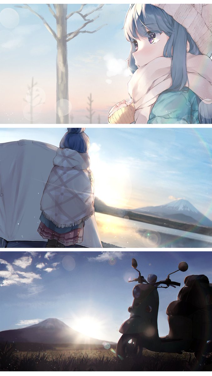 shima rin 1girl scarf outdoors blue hair sunrise hat purple eyes  illustration images