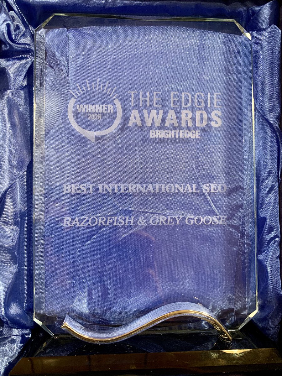 SEO_Cowboy1's tweet photo. Congratulations to our @WeAreRazorfish SEO team for winning the Best International SEO award, in partnership with Grey Goose at the @brightedge Edgies Share conference! Really proud of the great work our team has been able to accomplish.  #SEO #share20 https://t.co/b7eawrkwp2