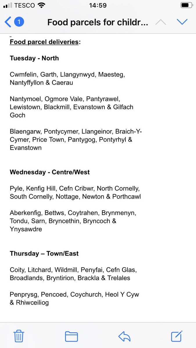 Details of where @BridgendCBC will be delivering food parcels to eligible families during #HalfTerm 

#Bridgend