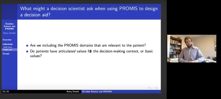 promisNIH's tweet photo. How can we use PROMIS as a decision aid? @barrydwtt from UPMC on the use of PROMIS in decision making science and medical decision making in clinical settings. #PROMIS2020 https://t.co/rrPRVMszka