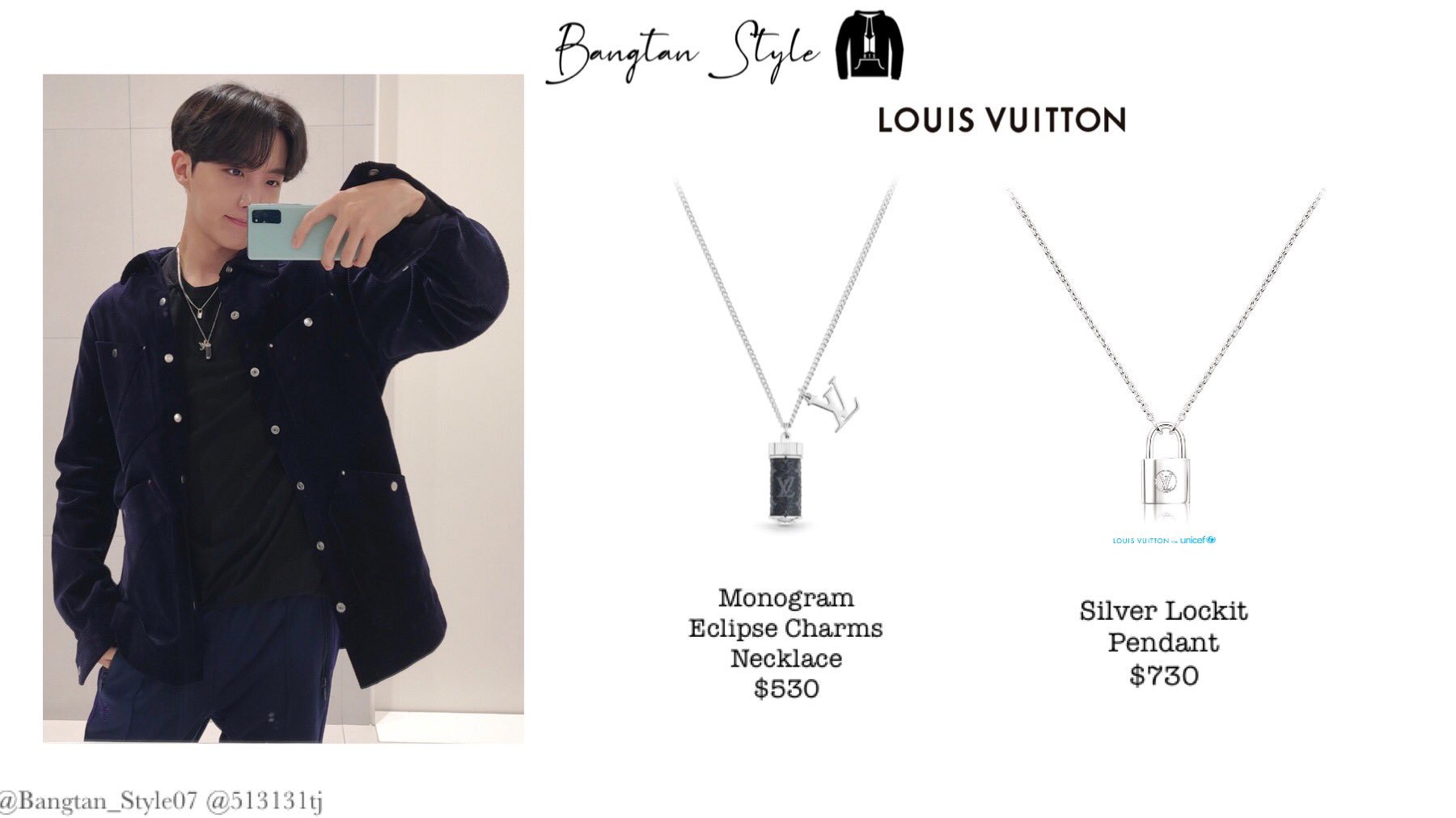 Bangtan Style⁷ (slow) on X: Weverse Post 210813 Hobi wears LOUIS VUITTON  for Unicef Silver Lockit Pendant Necklace ($730). *For each sale of this  Silver Lockit Pendant, $200 is donated to UNICEF