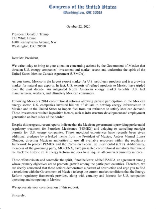 The letter from US Congress expressing their concern that PEMEX is being given preferential treatment and that the 2014 energy reform, which was purchased through bribes, might be in jeopardy.