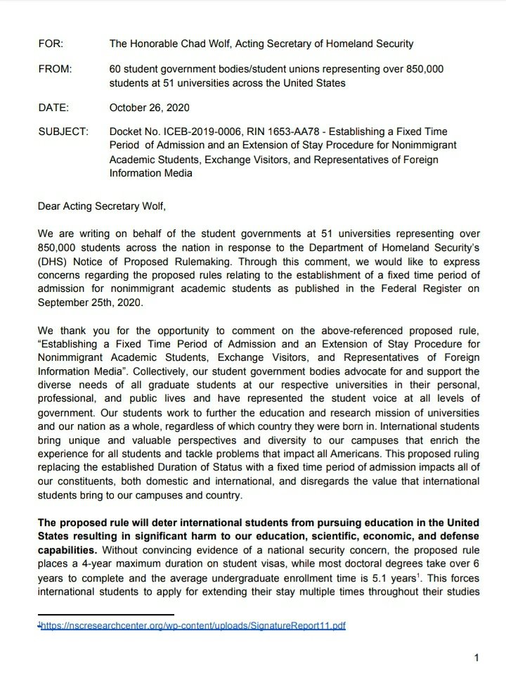 This morning, on behalf of student governments and student unions at 51 universities, representing 850,000+ students,  @ThatBBLane and I wrote to DHS in opposition to it's proposed rule limiting the length of student visas. 1/ https://www.cmu.edu/stugov/gsa/External-Advocacy/public-comment.pdf