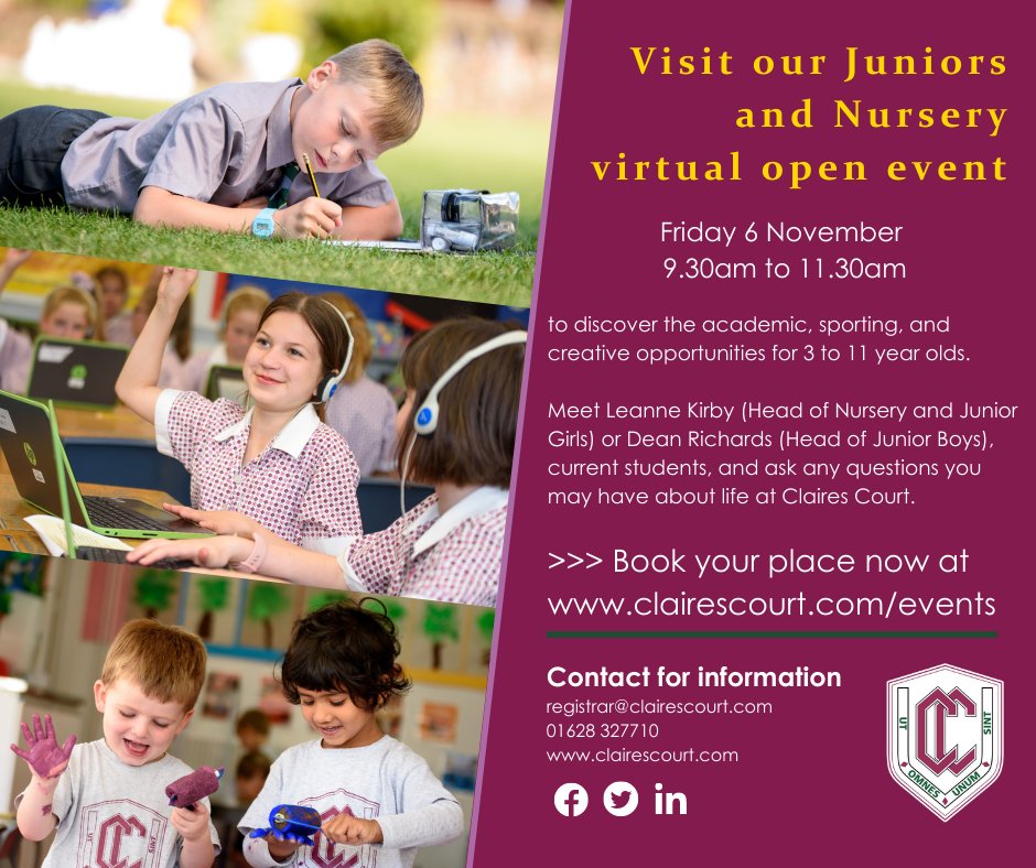 clairescourt's tweet photo. There’s still time to book your place on our upcoming #VirtualOpenEvents:
📅 Senior Girls - Wednesday 4 November
📅 Senior Boys - Thursday 5 November
📅 Nursery and Juniors -Friday 6 November
📅 Sixth Form - Tuesday 10 November.
👉 Book now: https://t.co/e36TcFVvrp https://t.co/GSO02Pj9H4