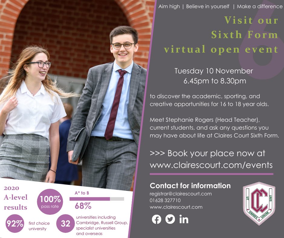 clairescourt's tweet photo. There’s still time to book your place on our upcoming #VirtualOpenEvents:
📅 Senior Girls - Wednesday 4 November
📅 Senior Boys - Thursday 5 November
📅 Nursery and Juniors -Friday 6 November
📅 Sixth Form - Tuesday 10 November.
👉 Book now: https://t.co/e36TcFVvrp https://t.co/GSO02Pj9H4