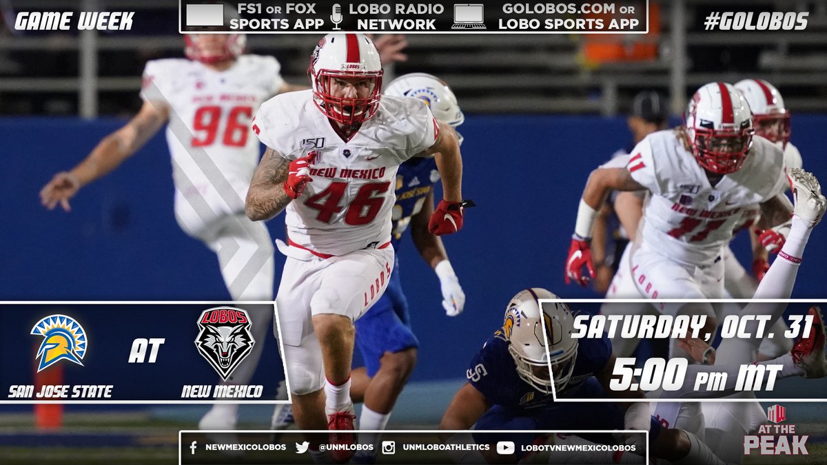 UNMLoboFB's tweet photo. Trying this again ... IT'S GAME WEEK!!!!

📍University Stadium, Albuquerque, N.M.
🕔5 pm MT
🏈@UNMLoboFB🐺 vs. @SanJoseStateFB⚔️
☀️54F
📺FS1 / https://t.co/PhyeSCTRNi
📻https://t.co/XKXRYuohZS
📊https://t.co/uxsPUd7vA0

#GoLobos #win5 https://t.co/DMwRH8DXr3