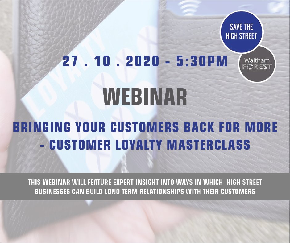 LBWFinBusiness's tweet image. 🏆 Customer Loyalty - how to get it and keep it in #WalthamForest

Join @Loyalty_Dog &amp;amp; @savethehighstr for a customer loyalty masterclass:
👍🏽Drive repeat purchases
🙌🏽Develop trust over competitors

Tomorrow Tuesday 27th October at 5.30pm. Register at bit.ly/34ujqpe