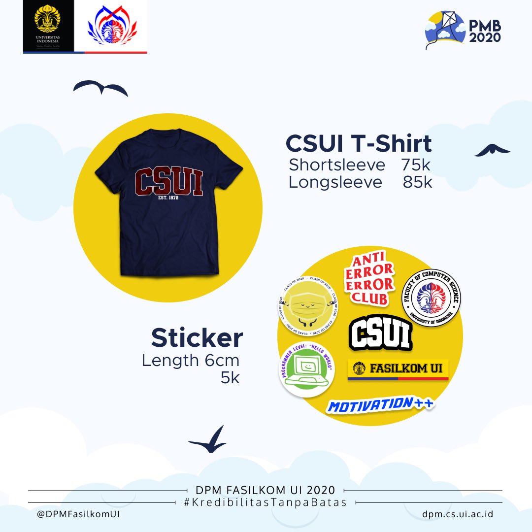 pmbfasilkomui's tweet photo. [PO MERCH TUTUP 2 HARI LAGI]

Haloo, CSUI 2020!🔵🔴

Tinggal DUA HARI lagi loh buat kamu berkesempatan order official merch PMB Fasilkom UI.

Yuk buruan diorder sebelum kehabisan,

✨HARGA✨
Shortsleeve 75rb
Longsleeve 85rb
Sticker 5rb

Detail lebih lanjut ada diposter yaa‼️😆 https://t.co/KtdPnhSIfP