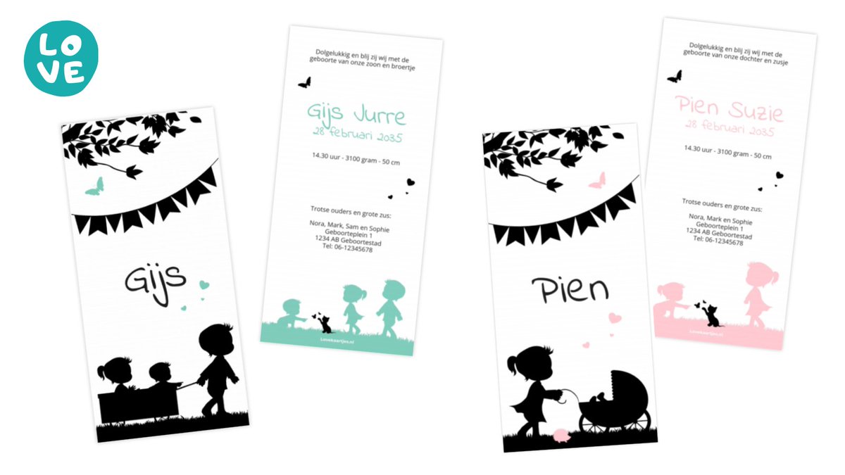 Vandaag weer twee leuke silhouet geboortekaartjes gemaakt. Een meisjes geboortekaartje met een grote zus achter de kinderwagen. Op het jongens geboortekaartje een broertje en zusje in een bolderkar met een grote broer die de kar vooruit trekt. bit.ly/2Tt1aGA