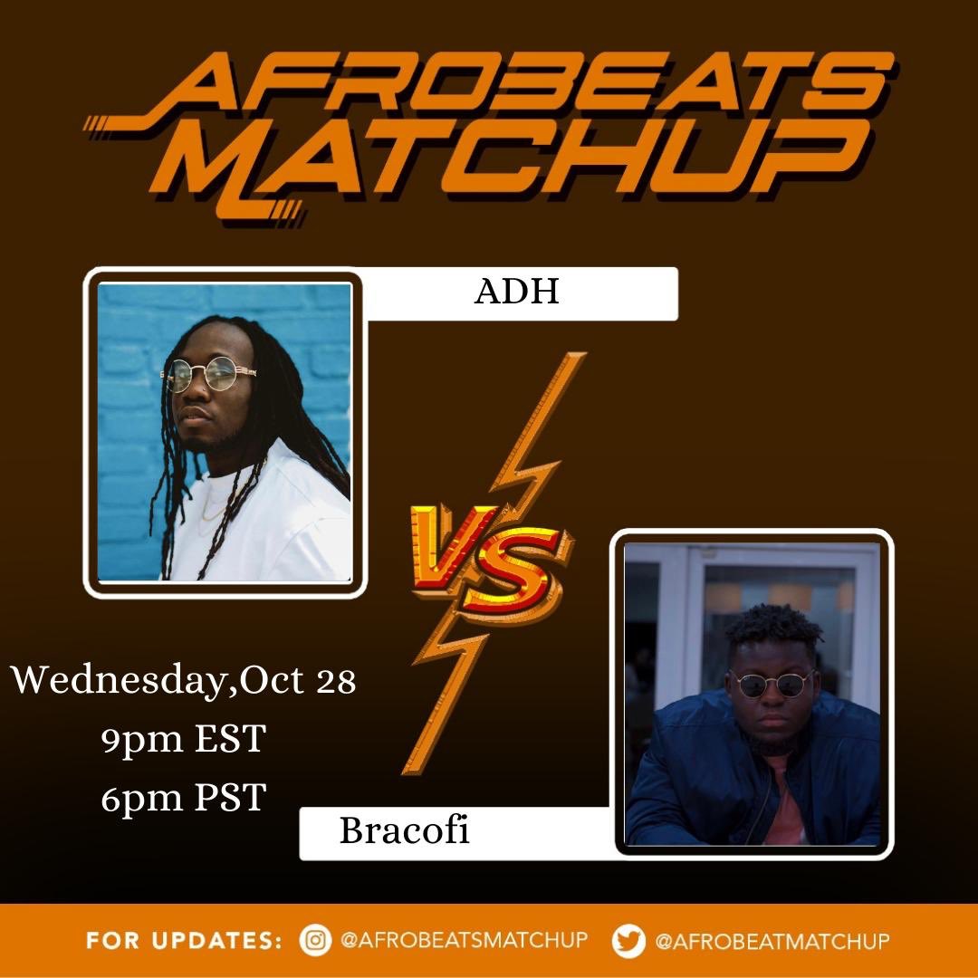 afrobeatmatchup's tweet photo. Music brings everyone together. Lets keep the movement going, we back this Wednesday ! 

AFROBEATS MATCHUP: @ADHONLINE VS Bracofi 

#AFROBEATSMATCHUP #MOVEMENT #SONG4song https://t.co/Y5Ys84Dopu