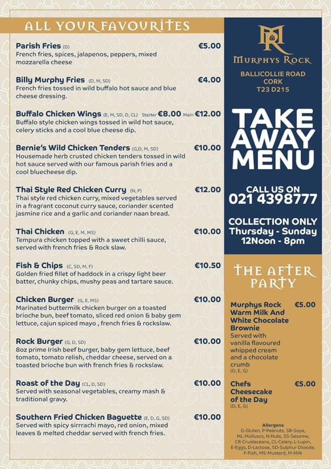 MurphysRockBar's tweet photo. Murphys Rock @ HOME Serving your
Favourite FOOD, PINTS & COCKTAILS ππΊπΈ
π Thursday - Sunday
β° 12noon - 8pm
βοΈ 021 4398777
π Collect
#murphysrock #@home #takeaway Freshfood #16years #thaichicken #wings #parishfries
#corksbestbar2018π₯2019π₯2020
#takeaway https://t.co/TNRaAoYbu7