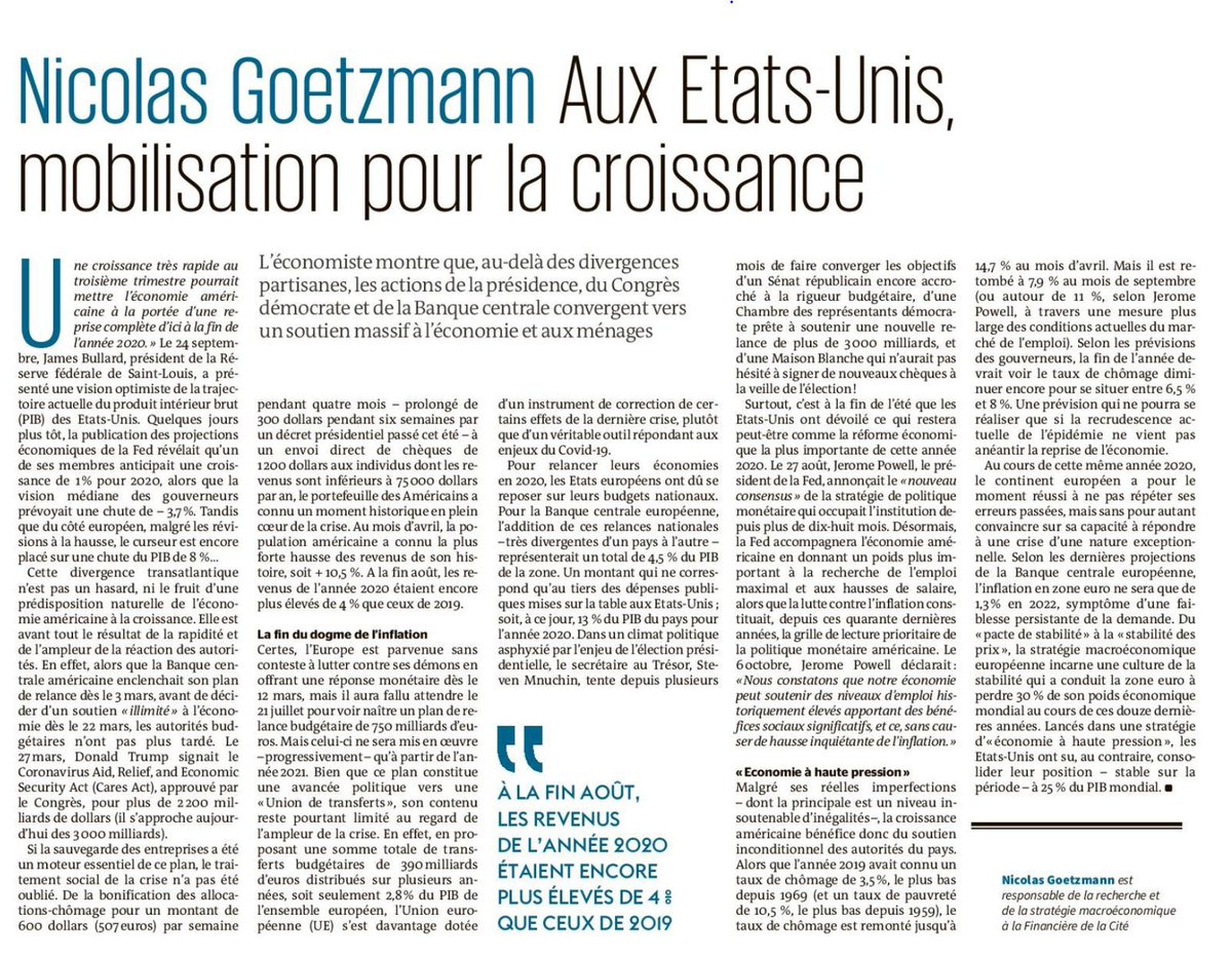 Tribune de Nicolas Goetzmann <a href="/NicolasGoetzman/">Nicolas Goetzmann</a> dans Le Monde du 24 octobre sur la divergence transatlantique en matière de croissance. Pourquoi les Etats-Unis font mieux que la zone euro.