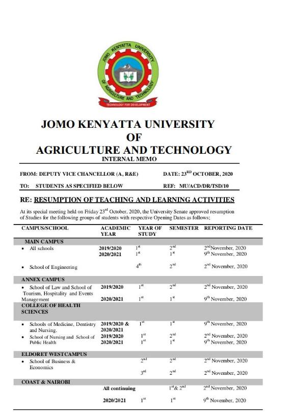 The fake memo on reopening dates for JKUAT university.