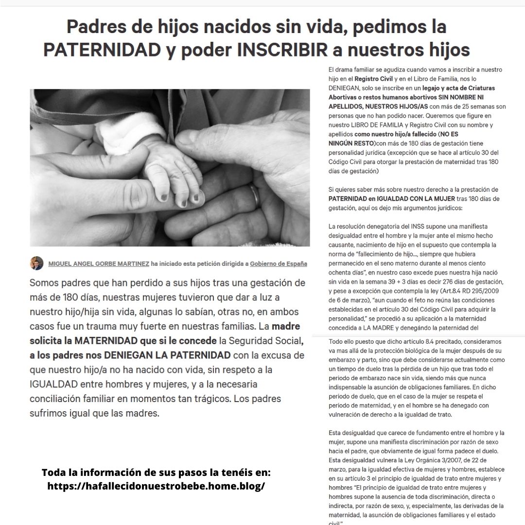 Los padres de bebés fallecidos han dejado de tener derecho a la baja de paternidad... tienen que procesar un luto...
Por favor mover esta petición para que esas familias que están sufriendo de esa manera puedan recuperar ese derecho robado.
bit.ly/Padresdehijosn…
Gracias