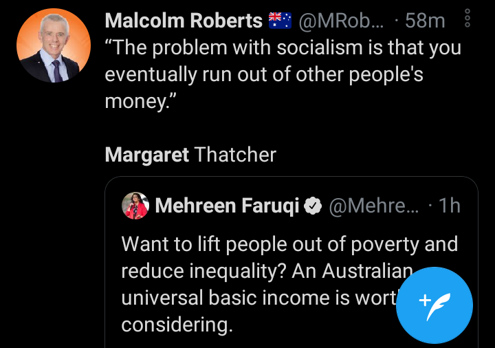 AuspolSnackpod's tweet photo. "The problem with socialism* is that you** eventually*** run out of other people's**** money*****"

*tweeting
** @MRobertsQLD
***immediately
****margaret thatcher
*****quotes https://t.co/DtiVGeddzl