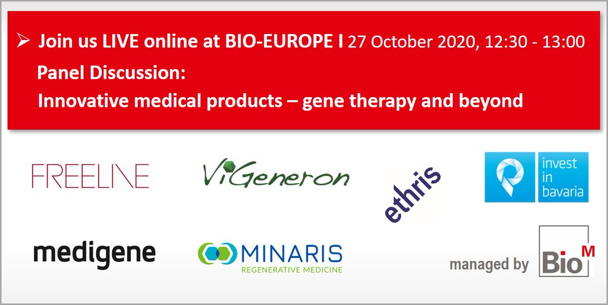 BioM_Munich's tweet photo. 👉Tomorrow, Oct 27, 12:30 - 13:00! Special session at #BIOEurope Digital 2020: "Innovative Medicines - Genetherapy and Beyond". Meet @MinarisRM #ViGeneron @MedigeneAG @FreelineLife @ethris_mRNA @InvestinBavaria: https://t.co/JOcQ65BqOd #bavaria #genetherapy #biotech #ATMP https://t.co/101LCWeE7s