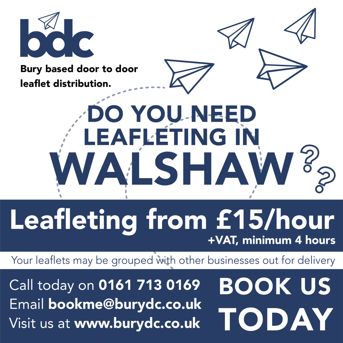 📮 Leafleting from £15/hour +vat (minimum 4 hours)
Do you need #leafleting in #Walshaw?
☎️ Call today on 0161 713 0169
📥 Email bookme@burydc.co.uk
🖥️ Or visit burydc.co.uk