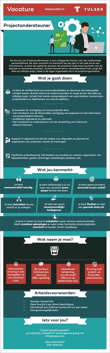 Tulser's tweet image. #VACATURE ALERT❗

Wij zijn op zoek naar een #LearningConsultant en #Projectondersteuner om ons team te komen versterken.

Ben jij op zoek naar een nieuwe uitdaging en herken je jezelf in een van onderstaande profielen?

Je motivatie + CV ontvangen we graag via: info@tulser.com.