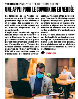 cowburo's tweet photo. Merci le Journal de la Vendée pour cette première parution 😊
#Vendee #coworking #bureaux #innovation https://t.co/fenLGNSO4X