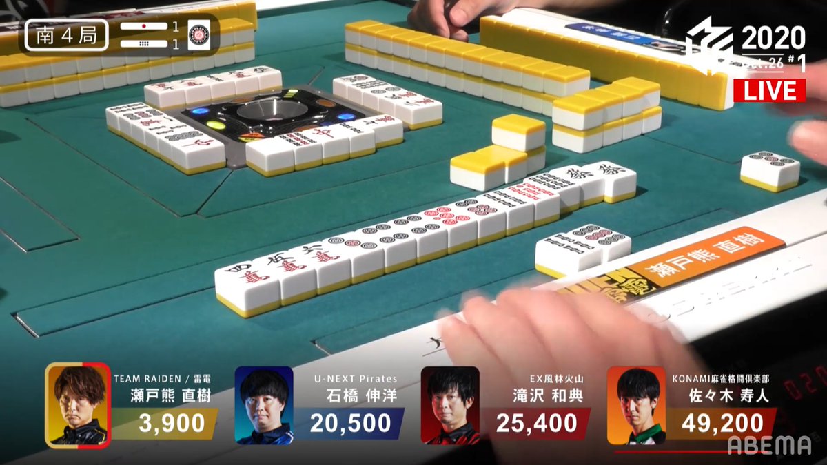 Mリーグ プロ麻雀リーグ 実況 Mリーグ 実況 南4局1本場 雷電 瀬戸熊の一撃が炸裂 一発ツモ裏 1の倍満で石橋をかわして3着に浮上 トップは麻雀格闘倶楽部 寿人の逃げ切り