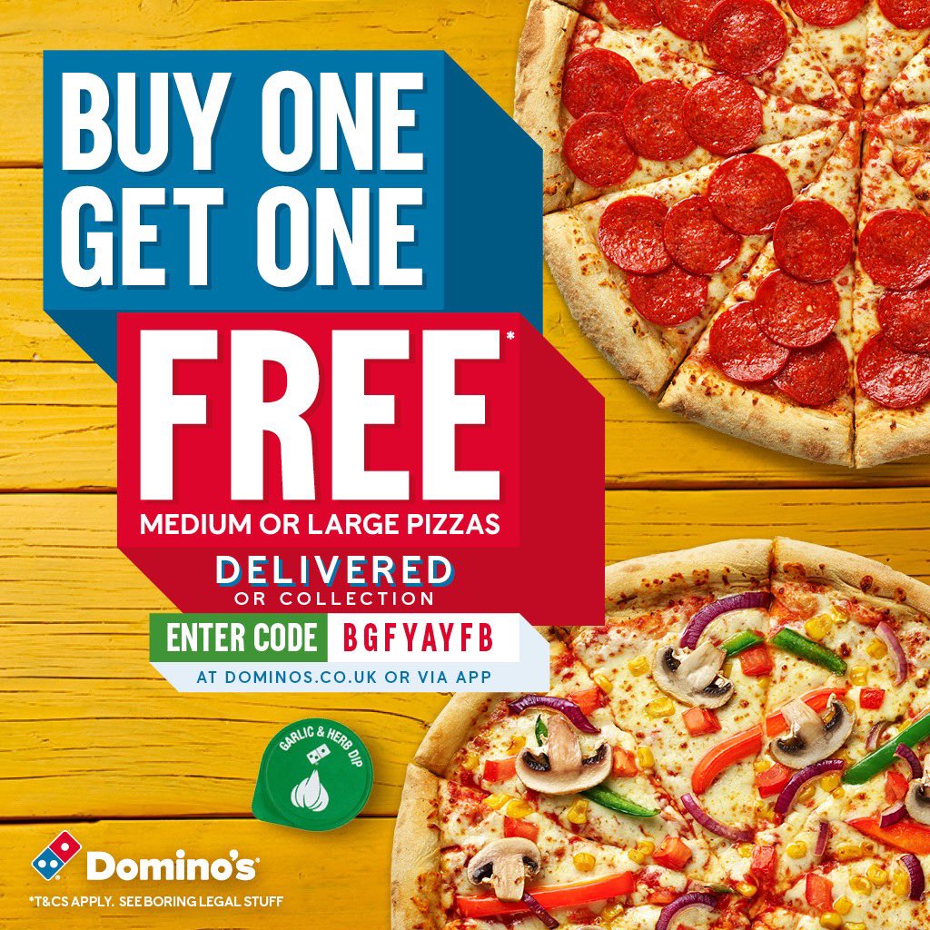 Dominos_Bham's tweet image. Buy 1 Pizza Get 1 FREE Delivered or Collection. Use code BGFYAYFB at dominos.co.uk Plus, you can add 2 Sides for just £5.99. Enough to make you go mmm 😋 

*Limited time offer. Terms apply. Participating stores only.  

#Birmingham #Solihull #WeGotThis