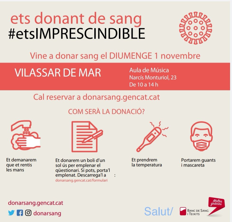 VilassardeMar's tweet photo. ➡️ El proper diumenge 1 de novembre, el Banc de Sang i Teixits, @donarsang, espera la teva donació de sang a l'Aula de Música de les 10:00 a les 14:00.

Ets imprescindible. Col·labora. La teva sang pot ser molt important. 👇🏾 https://t.co/zuZms8rtx9