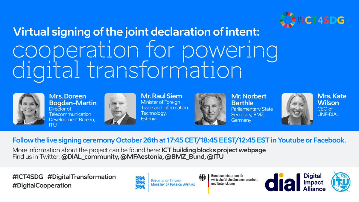 #Digitization of governmental services is the key prerequisite of successful #digitaltransformation & achievement of #SDGs   

Today at 17:45 👉@ITU joins forces with @MFAestonia @BMZ_Bund @DIAL_community 🙌

Watch live: youtube.com/watch?v=5neL2w… 
#ICT4SDG #DigitalCooperation