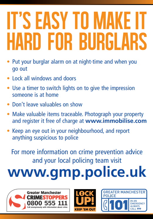 GMPFallowfield's tweet photo. β οΈ Make it hard for burglars across #Saletown
Be prepared, Be aware and Be safe! πππ‘
#AlarmLocksLights https://t.co/ysVJo9ZA5N