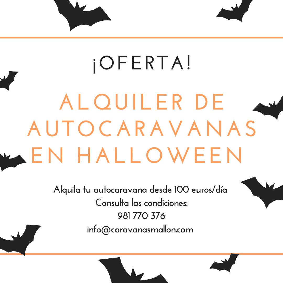 👻🎃 OFERTA HALLOWEEN 🎃👻

¿Quieres disfrutar del fin de semana más tenebroso del año? Aprovecha nuestra oferta de alquiler de autocaravanas y viaja en estas fechas tan especiales