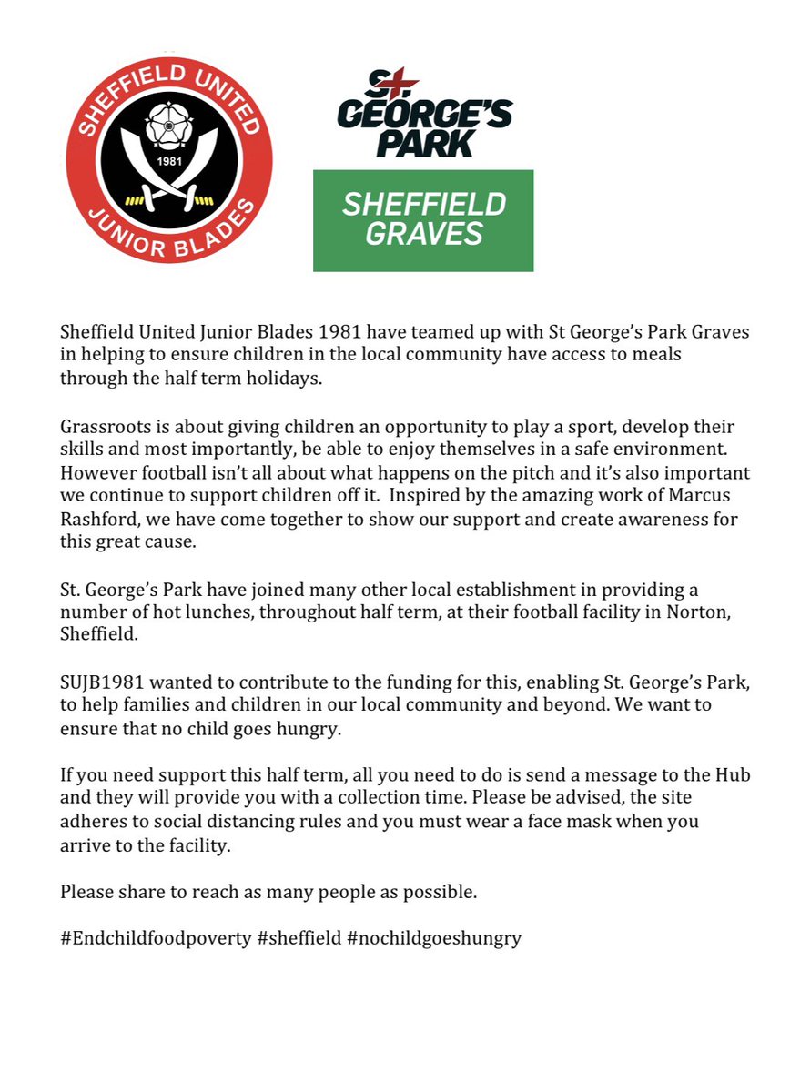 My club Sheffield United Junior Blades are supporting St George’s Park Graves to provide meals for children during half term. 
Please share and get the word out for this great and important cause. Thank you 👏🏼🙏🏼⚔️ <a href="/MarcusRashford/">MR14</a> #FreeSchoolMeal #sheffield <a href="/SGPGraves/">SGPGraves</a> #Grassroots