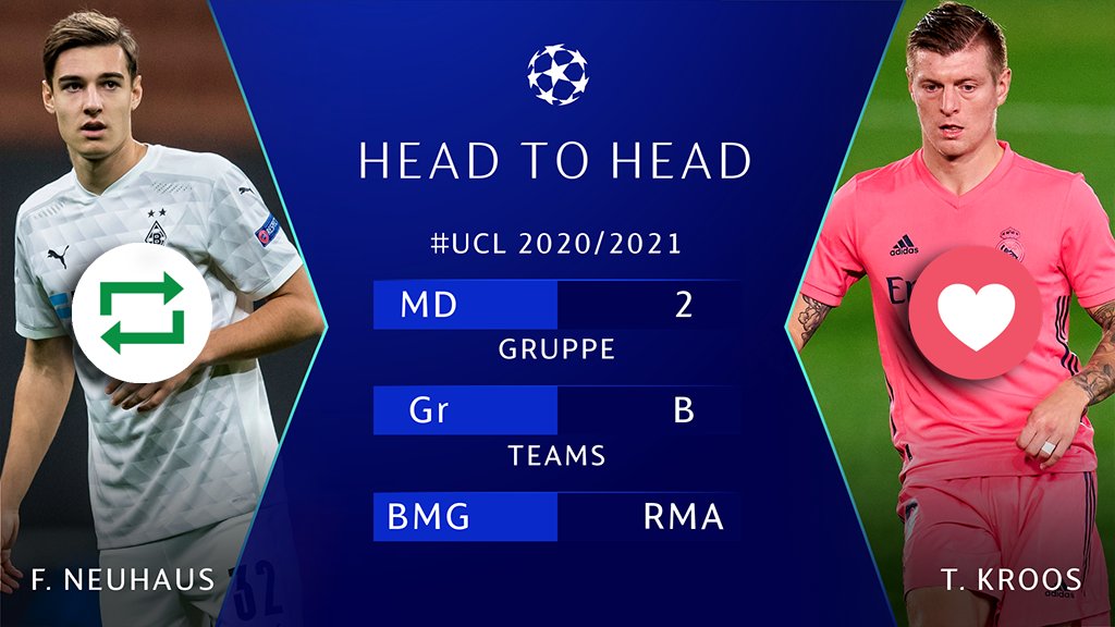 #UCL Countdown! ⏳⚽️🙌

🔁 = Florian #Neuhaus 🇩🇪
❤️ = <a href="/ToniKroos/">Toni Kroos</a> 🇩🇪

#UCL | #BMGRMA | <a href="/borussia/">Borussia</a> | <a href="/realmadrid/">Real Madrid C.F.</a>