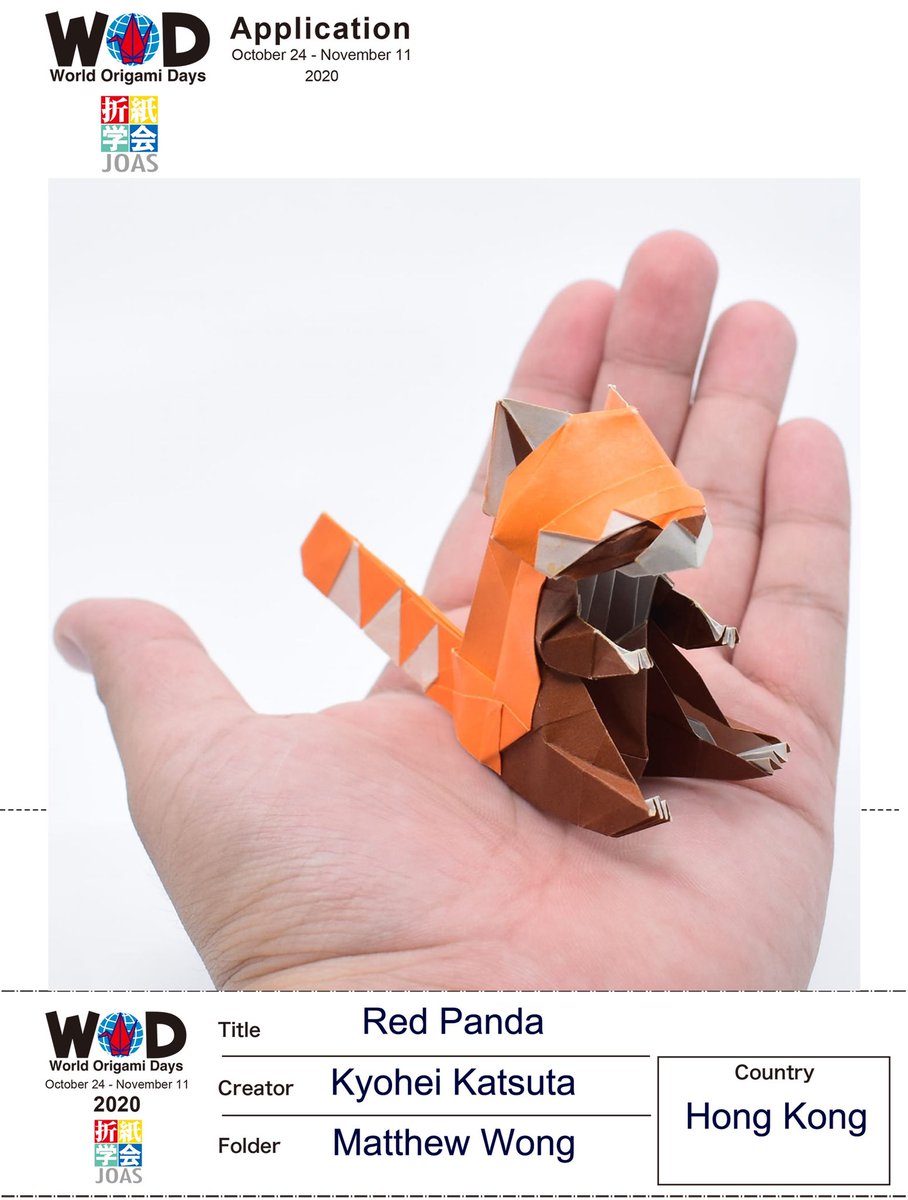 Happy World Origami Days (WOD) 2020~😁👍✌🎉🎊
.
🌳🐼
Red Panda - Kyohei Katsuta
2 pieces of Origami Paper 15cm x 15cm
.
#origami #摺紙 #折紙 #折纸 #折り紙 #おりがみ #paper #art #artist #photooftheday #artoftheday #workshop #origamiworkshop #kyoheikatsuta #勝田恭平