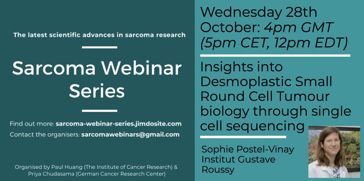 priyachudasama5's tweet photo. For this week's #SarcomaWebinar, we are excited to have Sophie Postel-Vinay from @GustaveRoussy who will be discussing insights into #DSRCT biology through single cell sequencing.

Join us on Wed 28th Oct (5pm CET). Info at; https://t.co/2xEATHxvzB #Sarcoma (1/2) https://t.co/GaGNuL6otS
