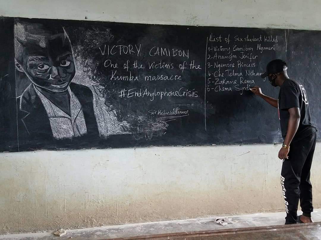 Bimstr237's tweet photo. Le dessinateur Camerounais @sirkobewilliams rend hommage à Victory Camibon l'une des victimes du massacre de Kumba.

#EndAnglophoneCrises https://t.co/KeJgddGbyr
