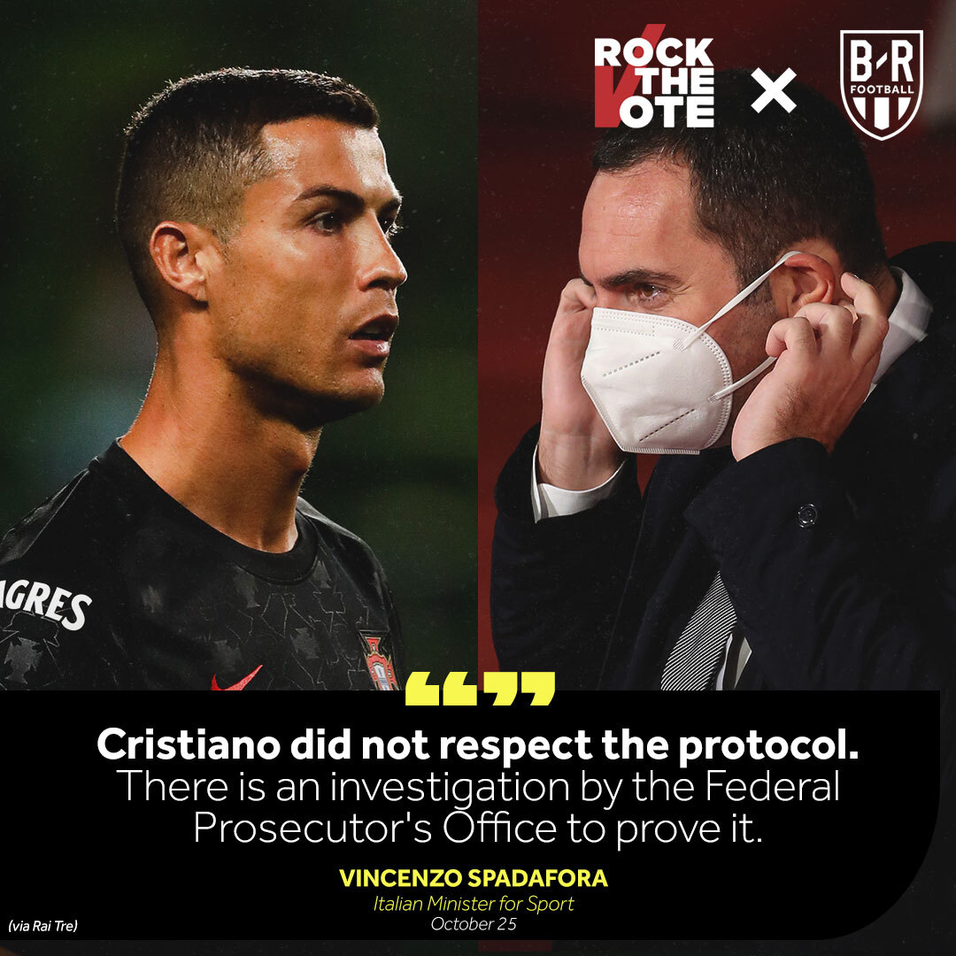 brfootball's tweet photo. Italy's Minister for Sport reveals there's an investigation underway to assess whether Cristiano Ronaldo broke the country’s COVID-19 protocol https://t.co/MbRu8U6lR1